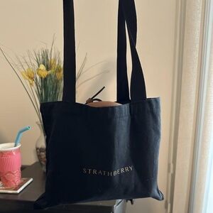 Strathberry Black Canvas Messenger Tote with Gold Logo